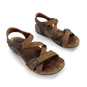 Taos Trulie Leather Woven‎ Strap Wedge Cork Footbed Sandals Womens Sz 7 Brown